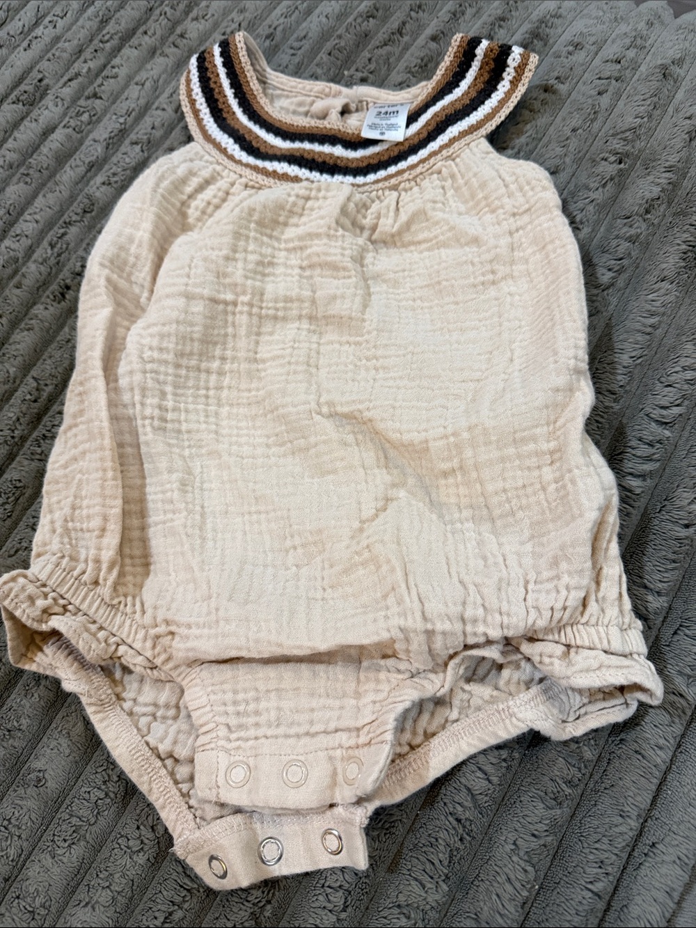 Carter's Cream Gauze Baby Romper with Brown & Black Striped Collar